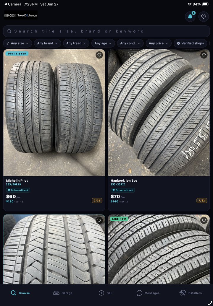 TreadXchange iOS app showing real tire listings on the Browse tab